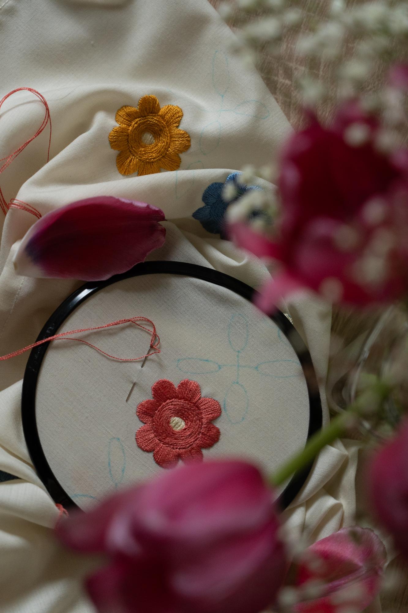 Close-up of needlework floral motif
